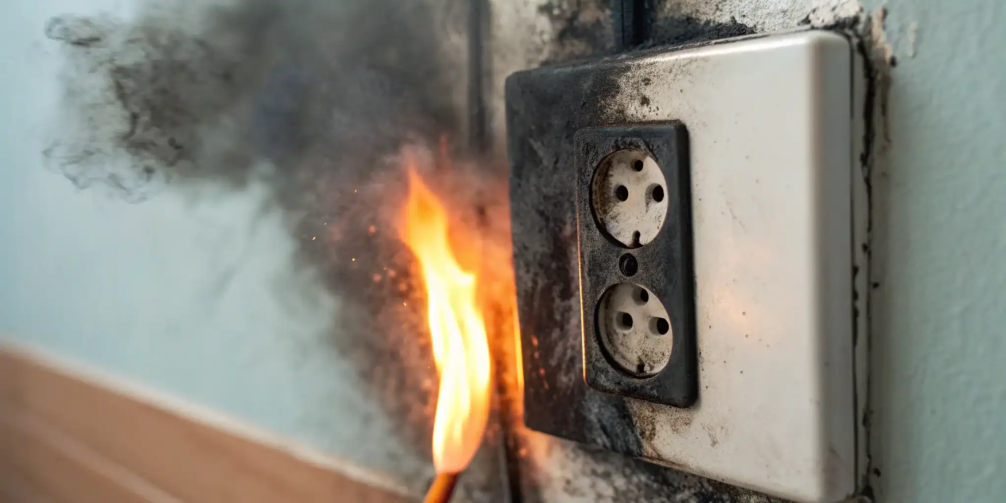 An electrical fire from a wall outlet, the start of an insurance claim.
