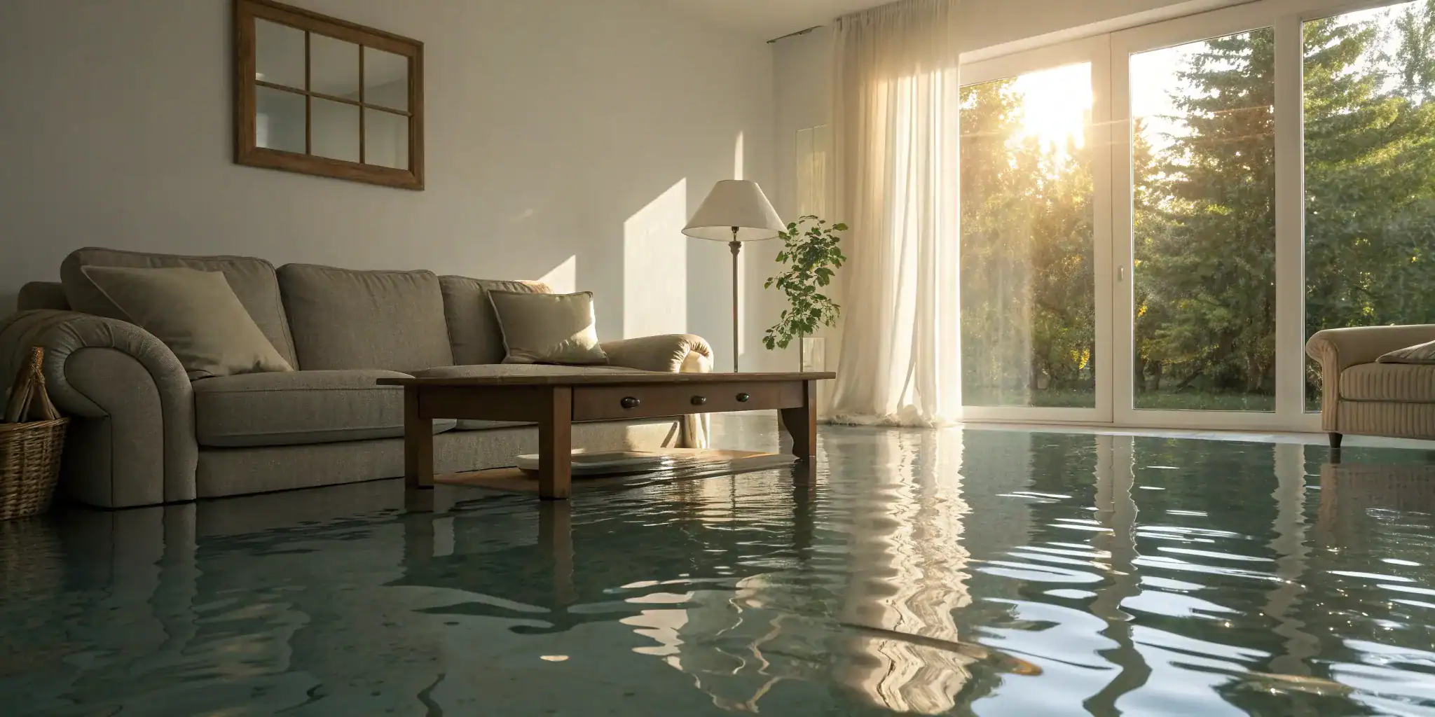 Flooded living room with water damage protected by flood insurance building coverage.