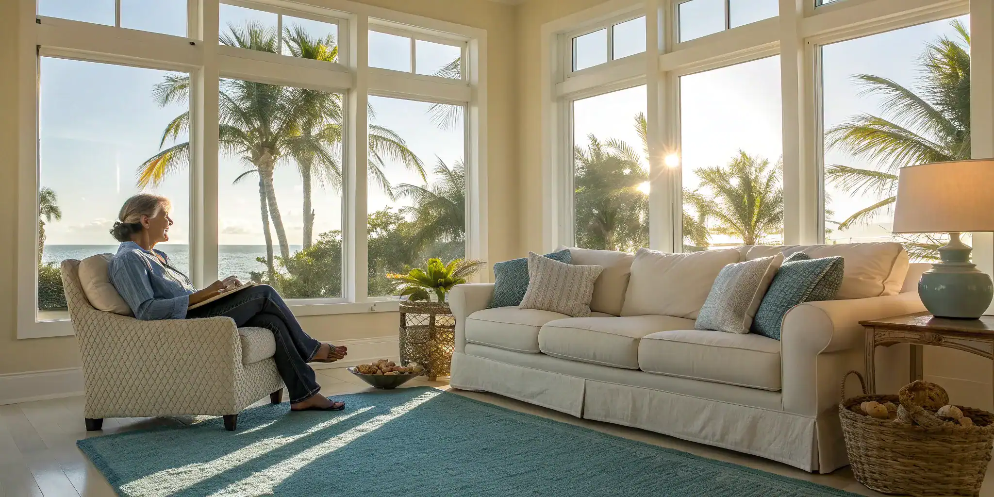 Homeowner reading a guide for help with homeowners insurance claims in her living room.