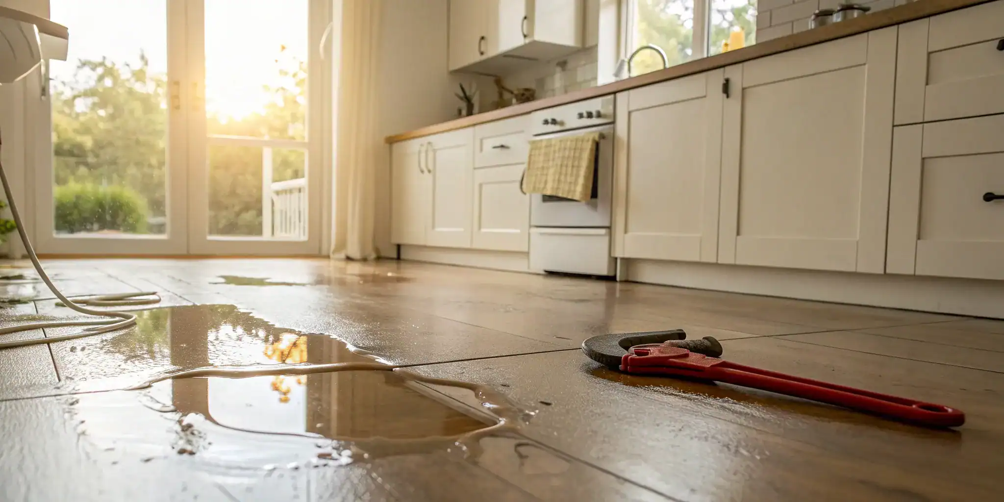 Water damage on a kitchen floor from a burst pipe, a common homeowners insurance claim.