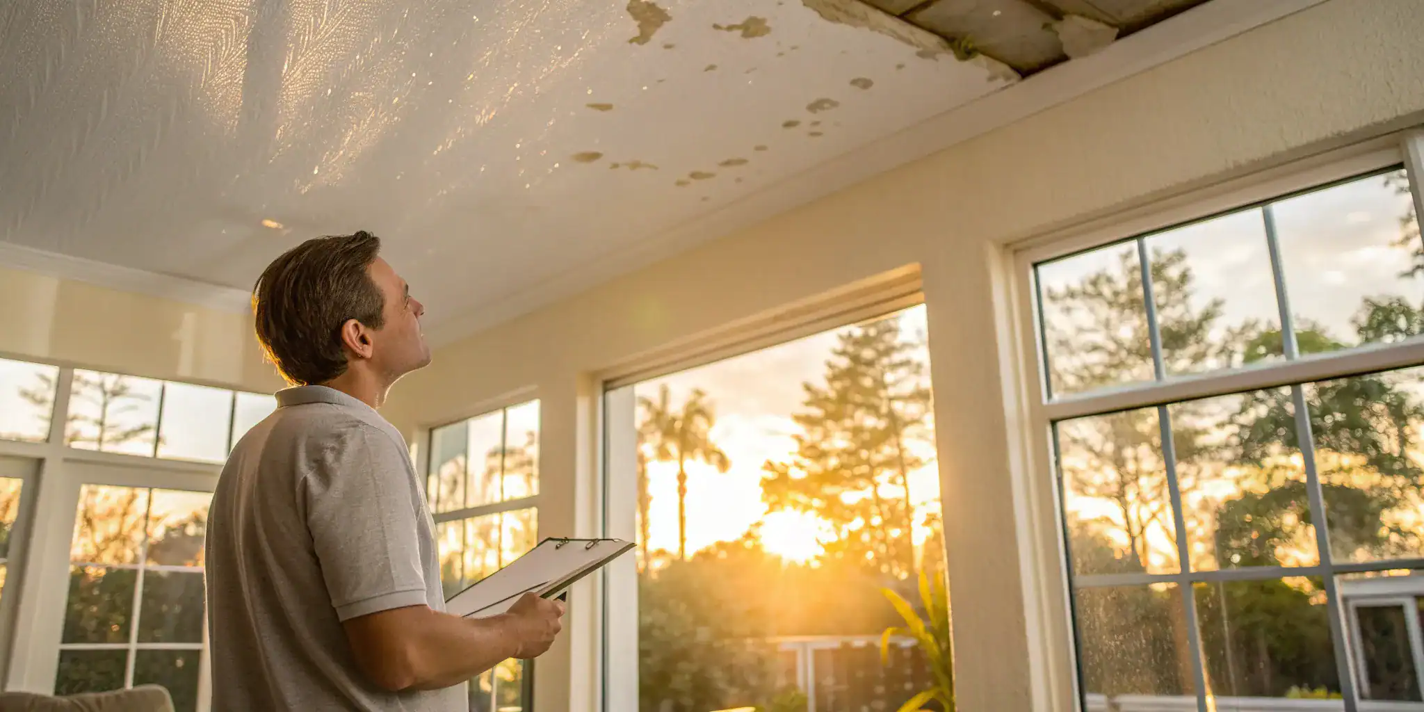 Man documents water damage with a clipboard to appeal his denied insurance claim.