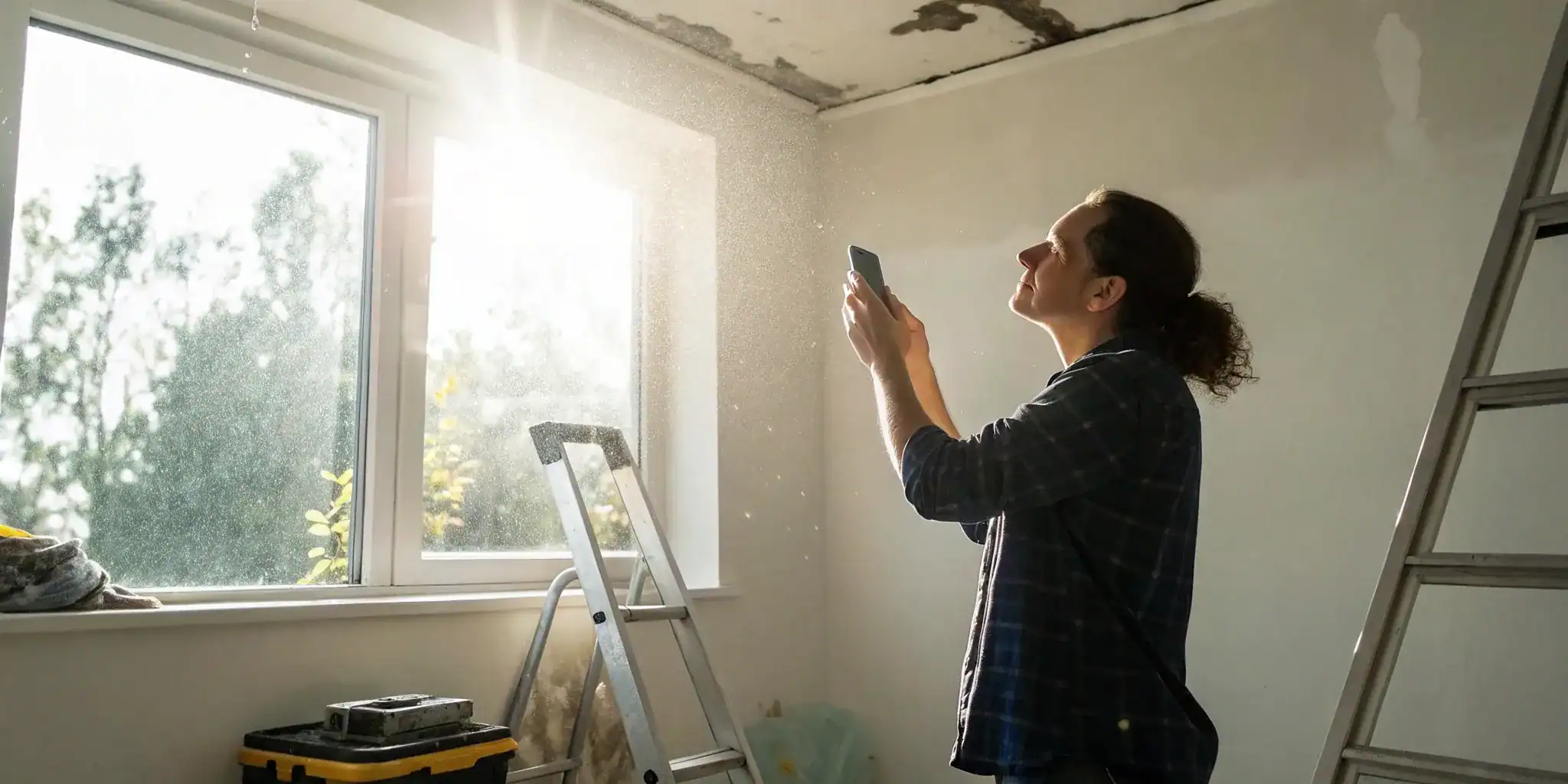 A person photographs water damage from a roof leak to document for an insurance claim.
