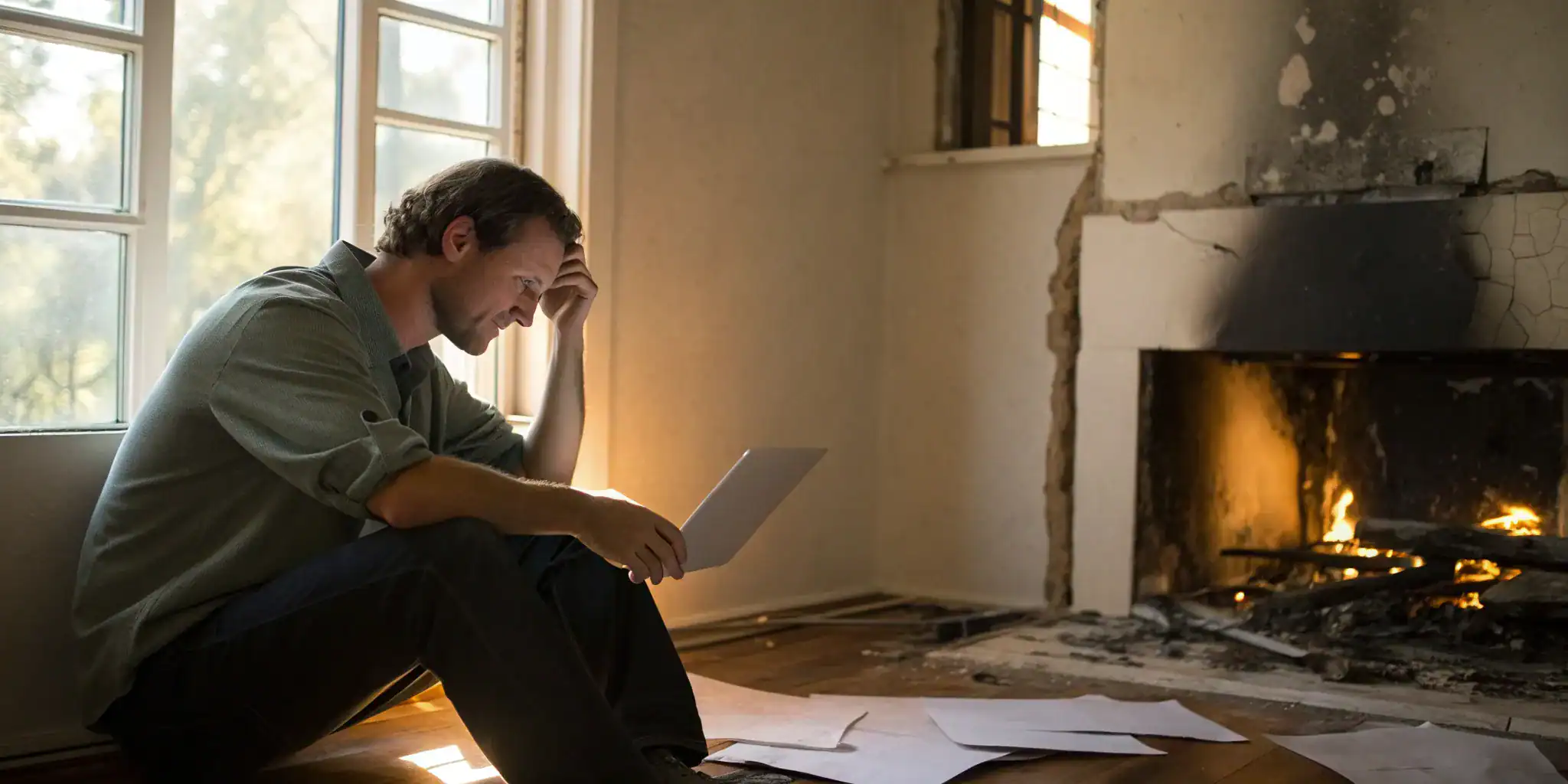 Homeowner fighting a denied fire claim with paperwork by a damaged fireplace.