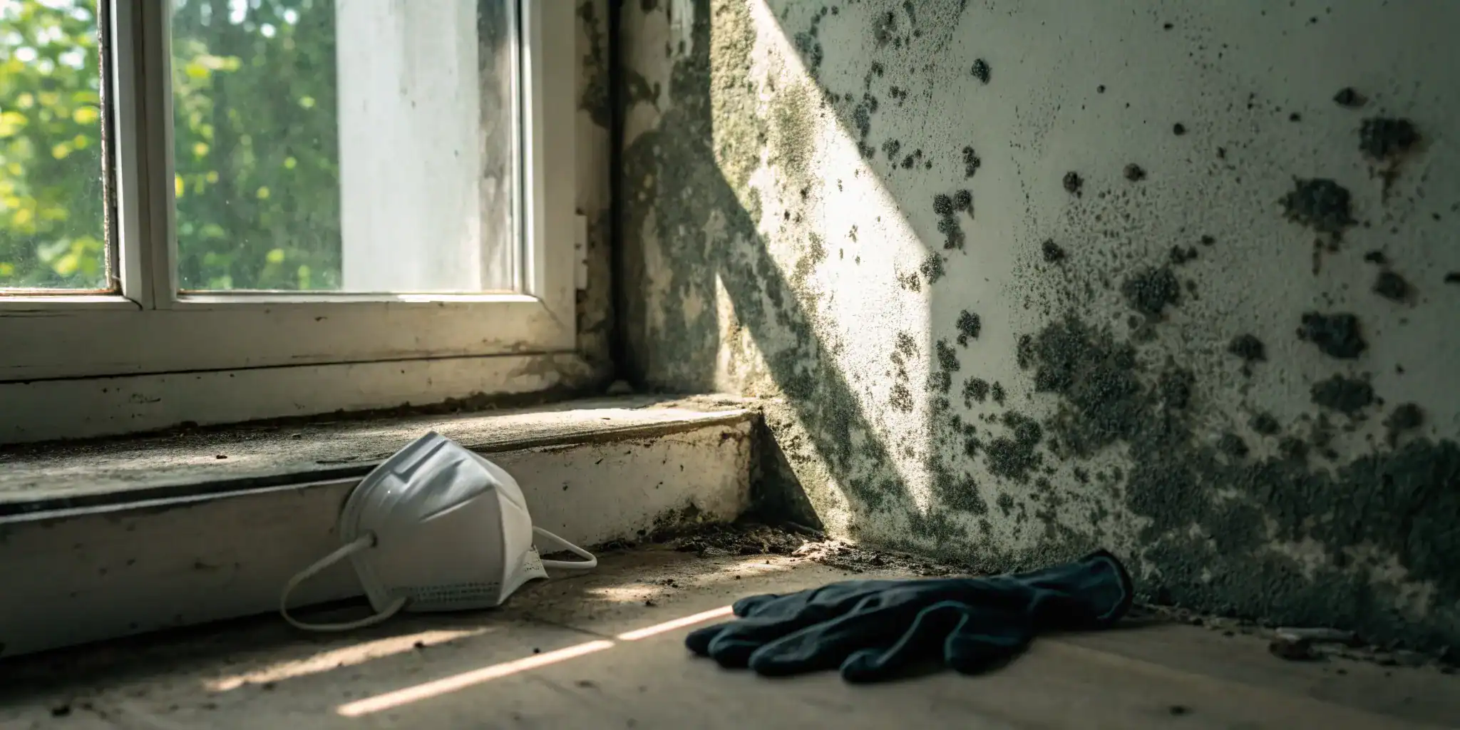 Documenting black mold damage on a wall with gloves and a mask to file a claim.