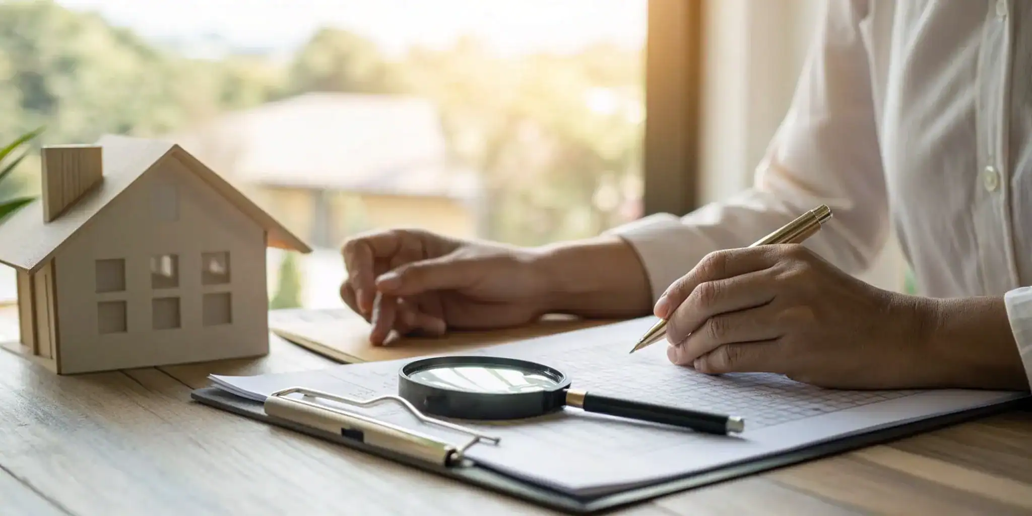 Person with a magnifying glass reviewing paperwork next to a house model to file a vandalism claim.