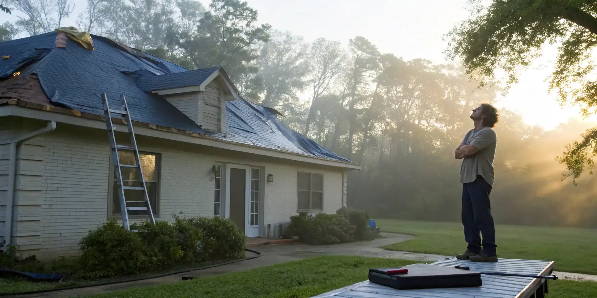 Homeowner assessing roof damage before reopening a homeowners insurance claim.