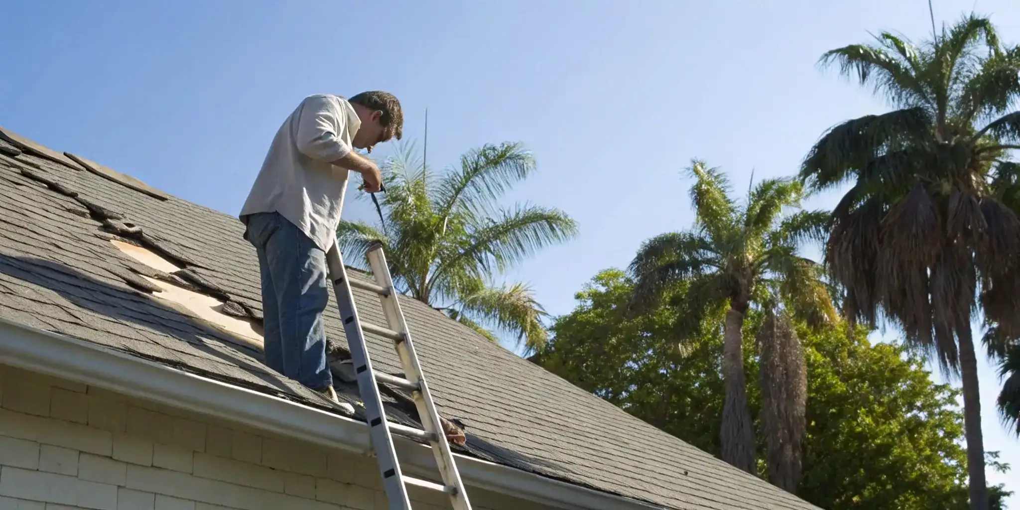 Homeowner on a ladder inspecting roof damage after an insurance claim was denied.