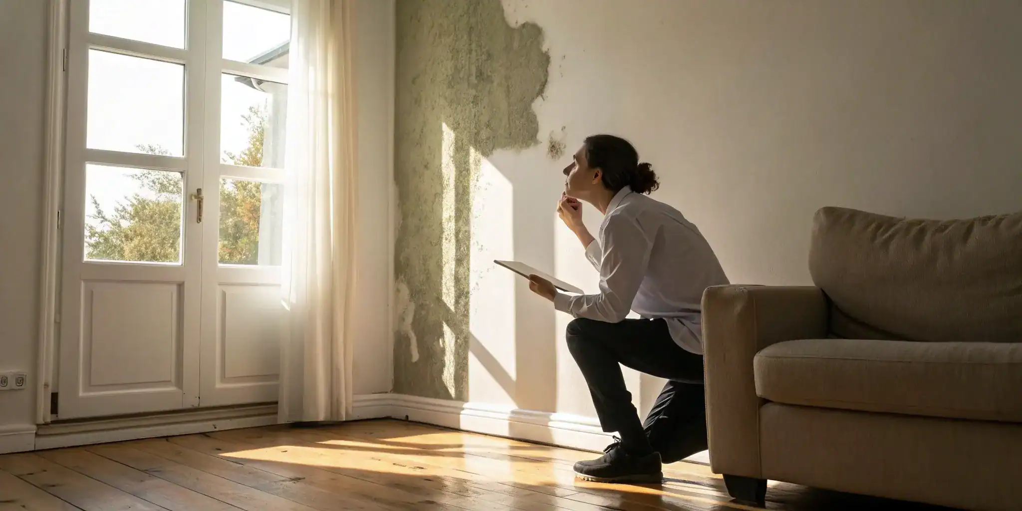 A person inspects mold damage on a wall, a key sign of when to hire a public adjuster.