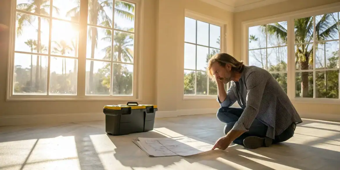 A homeowner reviews blueprints to determine the replacement cost for his dwelling coverage.