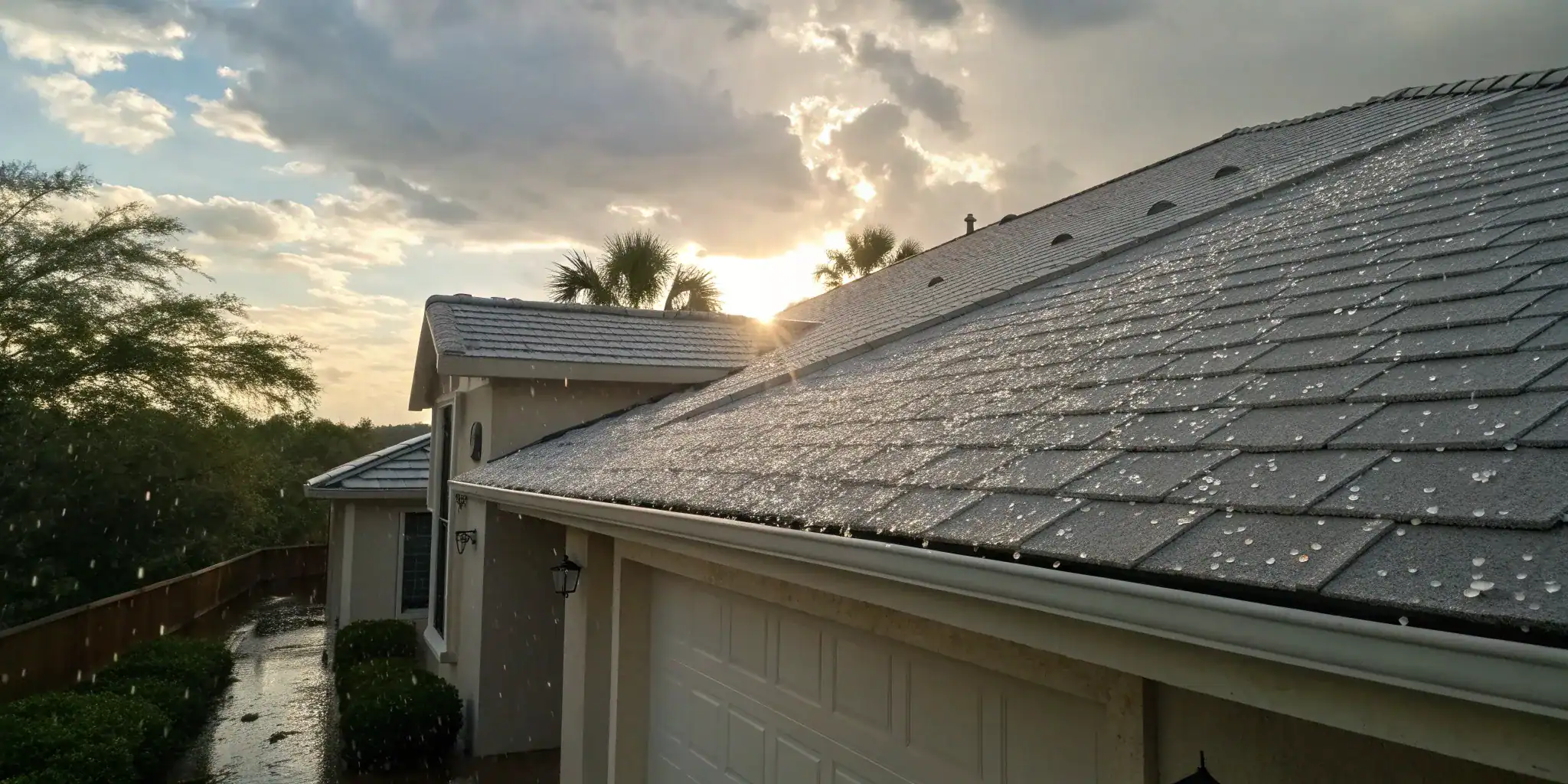A roof with hail damage being assessed for an average insurance payout.