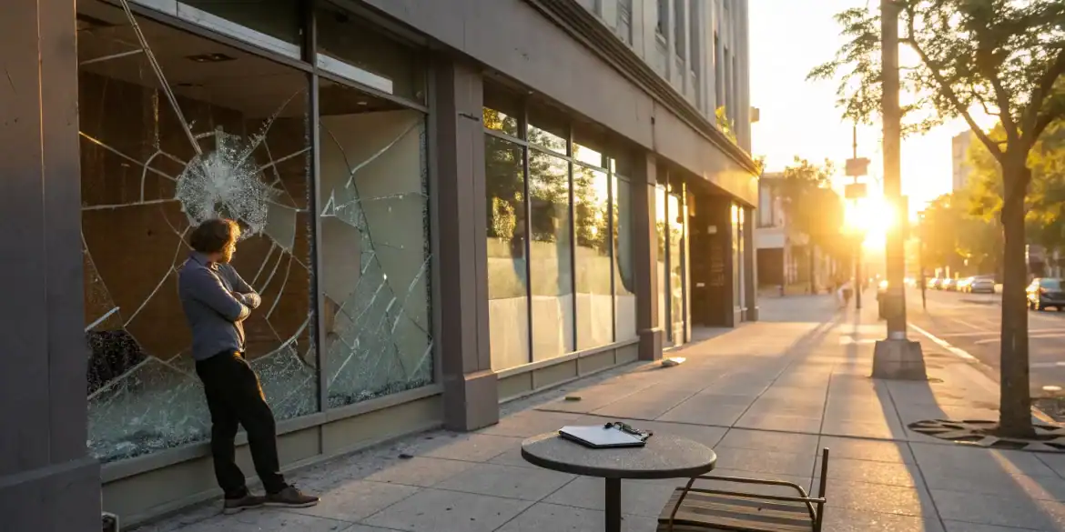 Man inspects a broken window on a commercial property after vandalism to file a claim.