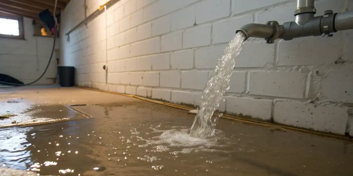 Basement water damage from a busted pipe due to freezing, a homeowners insurance claim.