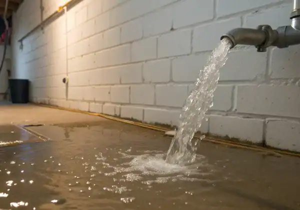 Basement water damage from a busted pipe due to freezing, a homeowners insurance claim.