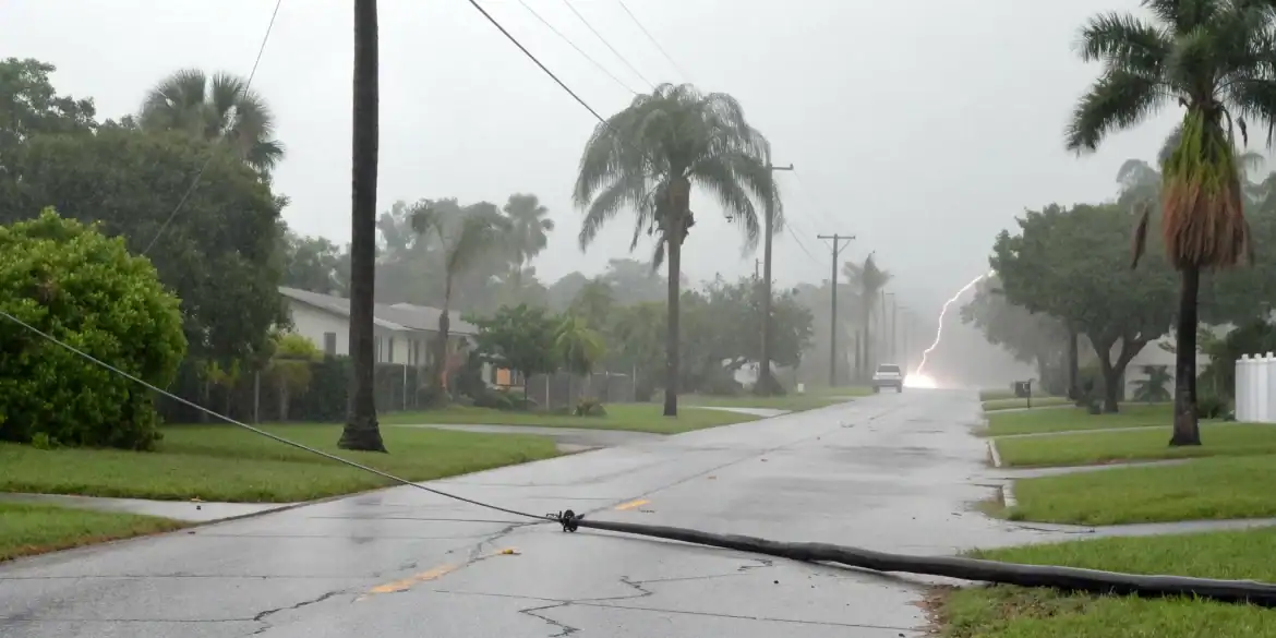 A downed power line on a wet street presents a serious electrical hazard.