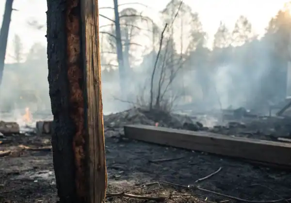 A home interior with severe fire damage, the start of the insurance claim process.