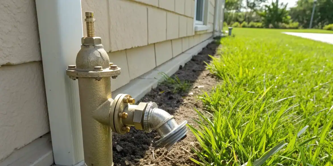 An outdoor backflow preventer installed on a home's main water supply pipe.