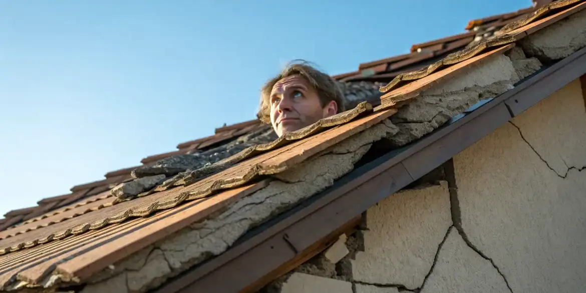 Man inspects a cracked roof, facing an underpaid damage claim.