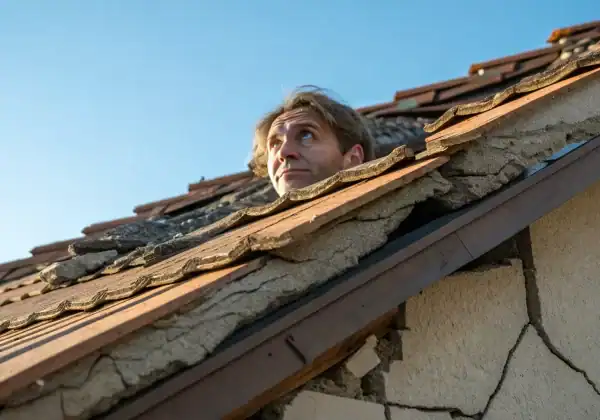Man inspects a cracked roof, facing an underpaid damage claim.