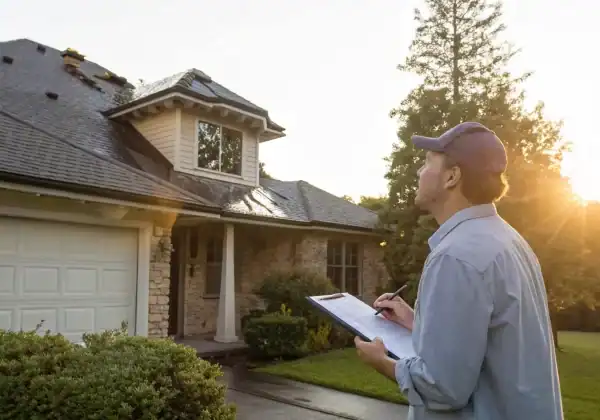 Insurance adjuster inspecting a roof to determine coverage for hail damage.