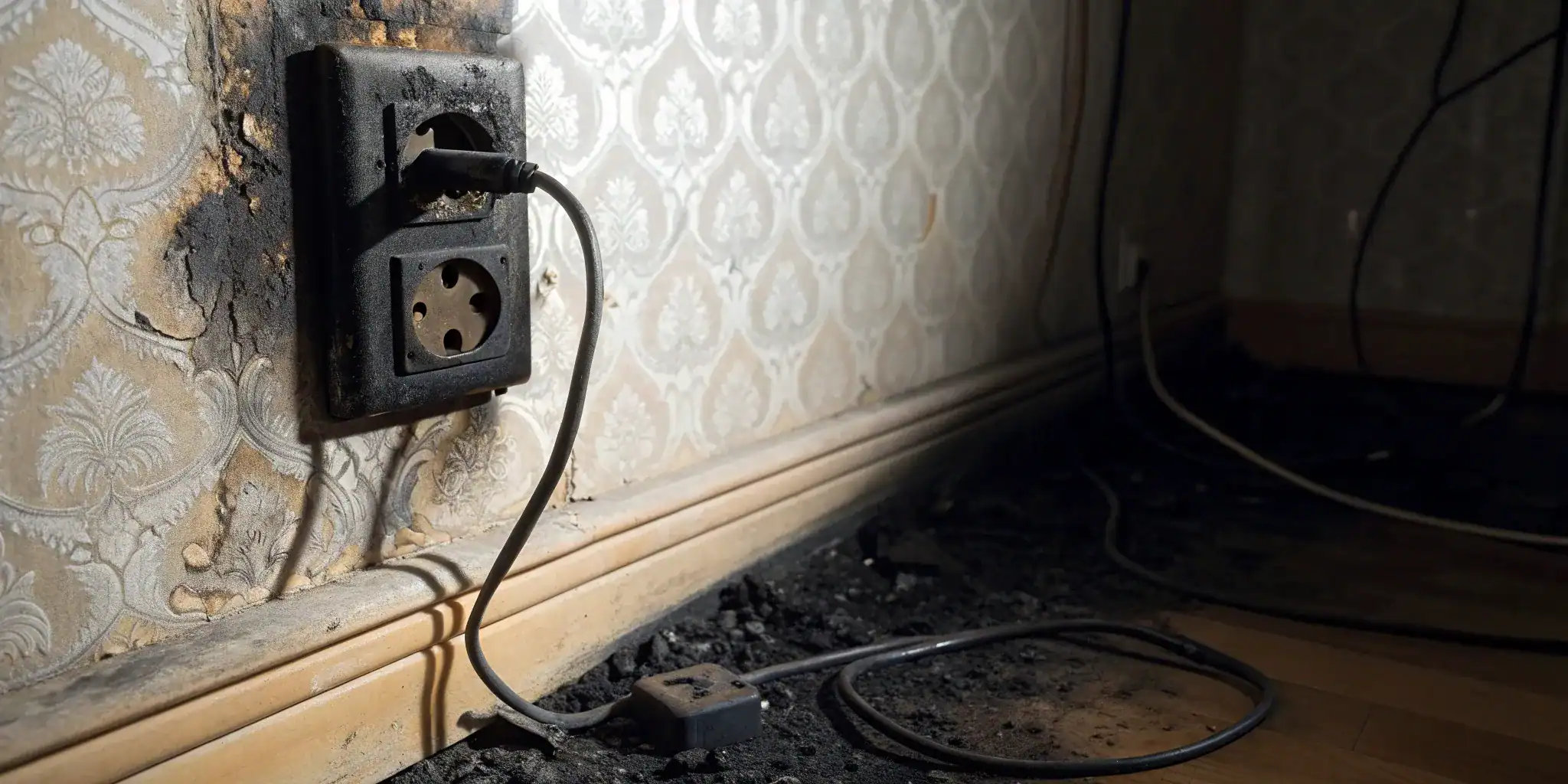 Burnt electrical outlet and scorched wall, proof of an electrical fire for an insurance claim.