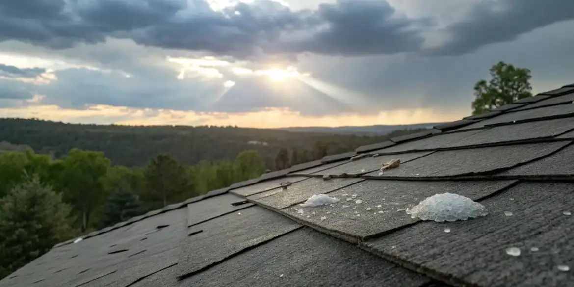 Dents and granule loss on asphalt shingles proving hail damage on a roof.