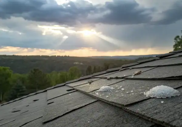 Dents and granule loss on asphalt shingles proving hail damage on a roof.