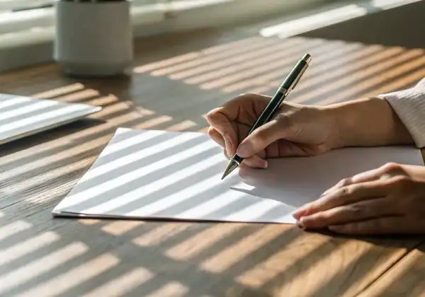 A person at a desk writing a letter to reopen an insurance claim.