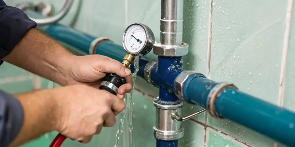 A plumber conducts a hydrostatic test on pipes, checking the pressure gauge to find a leak.