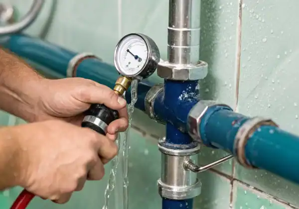 A plumber conducts a hydrostatic test on pipes, checking the pressure gauge to find a leak.