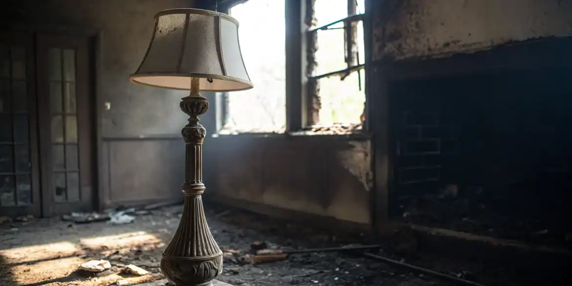 Soot-covered room showing the severe damage from a large loss fire claim.