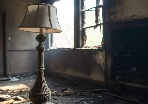Soot-covered room showing the severe damage from a large loss fire claim.