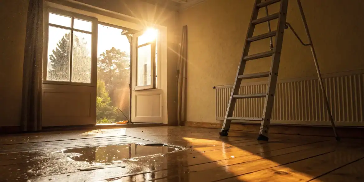Water leak pooling on a hardwood floor, showing the need for immediate leak detection.