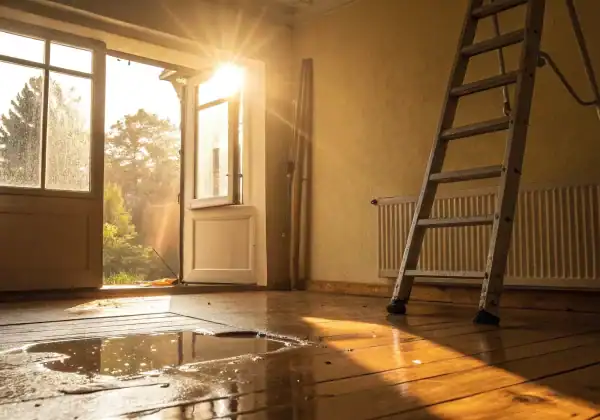 Water leak pooling on a hardwood floor, showing the need for immediate leak detection.