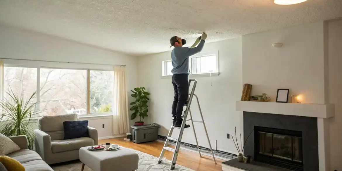 A person on a ladder carefully applying texture for a DIY popcorn ceiling repair.