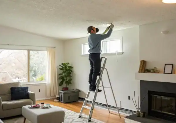 A person on a ladder carefully applying texture for a DIY popcorn ceiling repair.