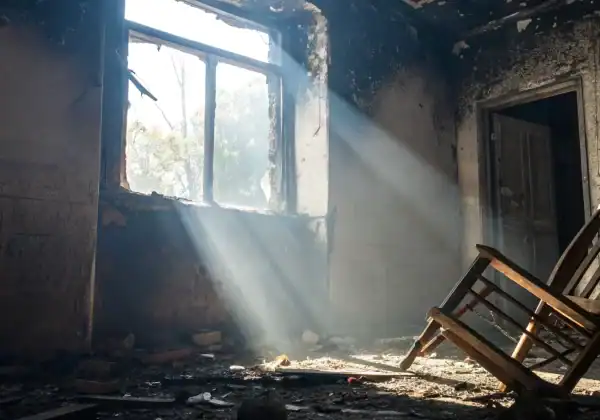 Fire-damaged home interior and the reasons for a fire insurance claim denial.