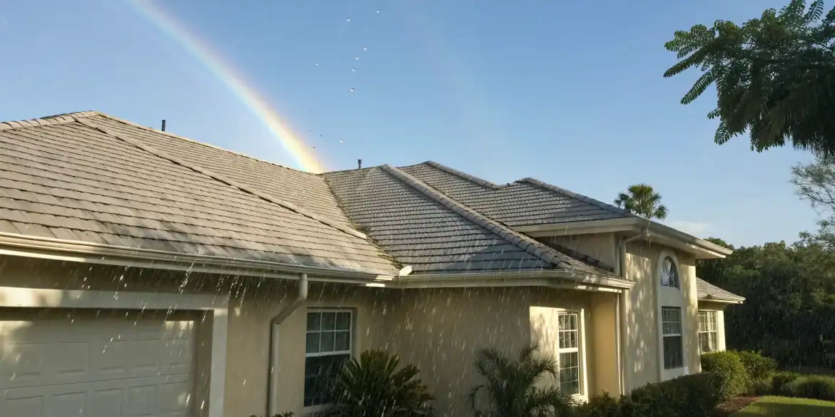 Rain causing a roof leak, with a rainbow signifying help for a successful insurance claim.