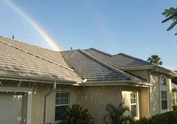 Rain causing a roof leak, with a rainbow signifying help for a successful insurance claim.