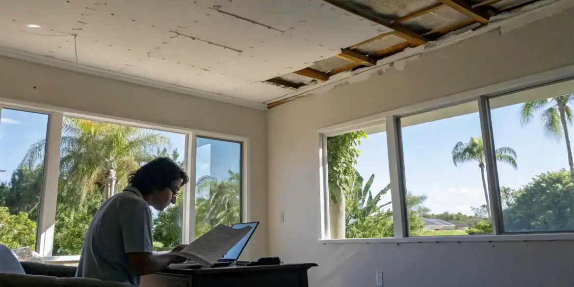 Person with a damaged ceiling reviewing documents for an insurance claim dispute resolution.