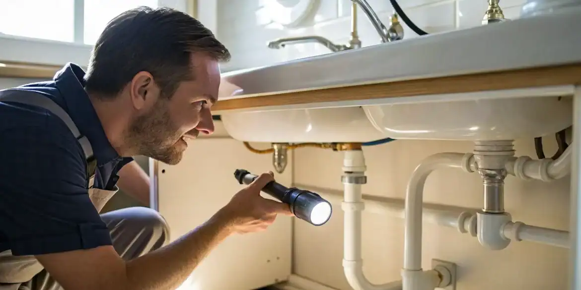 Plumber conducting a professional plumbing inspection under a sink.