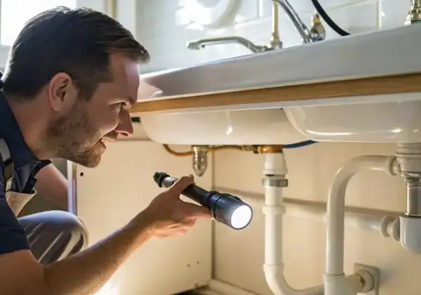 Plumber conducting a professional plumbing inspection under a sink.