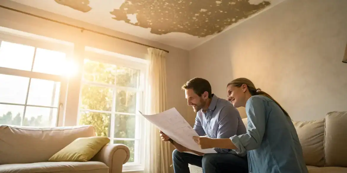 Couple assessing ceiling wear and tear while reviewing home plans.
