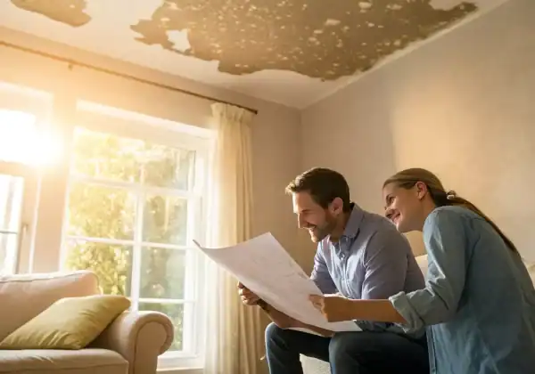 Couple assessing ceiling wear and tear while reviewing home plans.