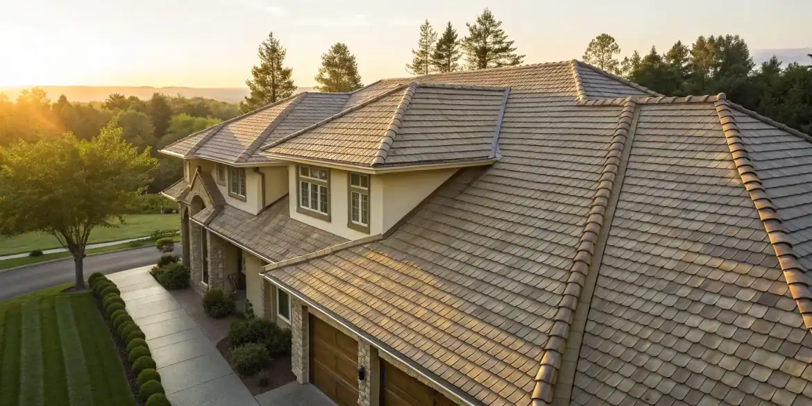 Architectural shingles with dimensional texture and layered design on a modern home roof.