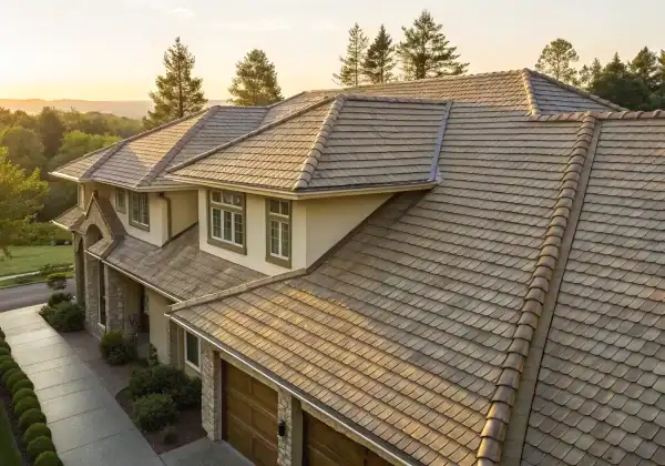 Architectural shingles with dimensional texture and layered design on a modern home roof.