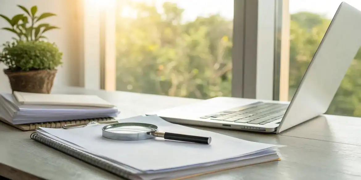 A magnifying glass reviewing a notice of claim document on a desk with a laptop.