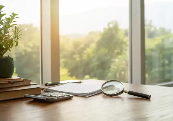 A desk with a calculator and insurance paperwork for calculating recoverable depreciation.