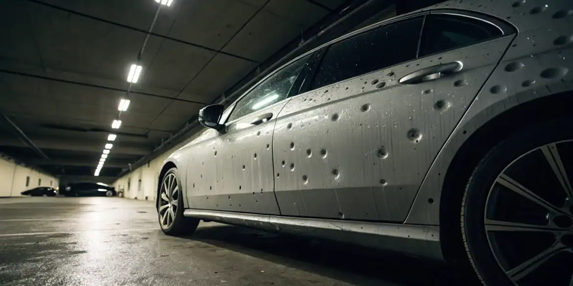 Vehicle with severe hail damage and multiple dents on its side.