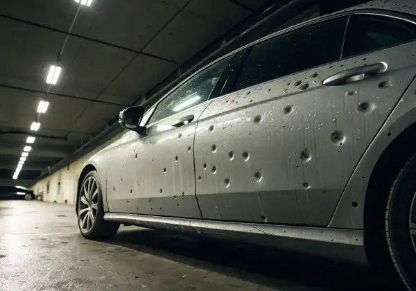 Vehicle with severe hail damage and multiple dents on its side.