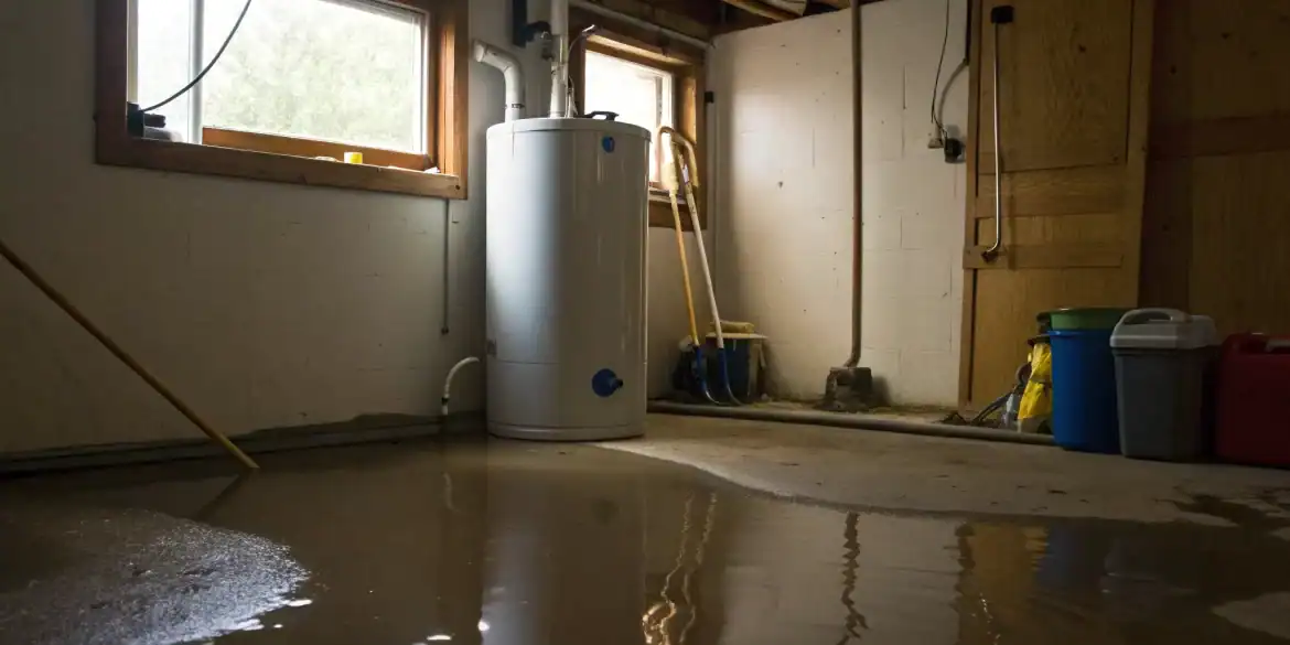 A water heater leaking water onto a basement floor.